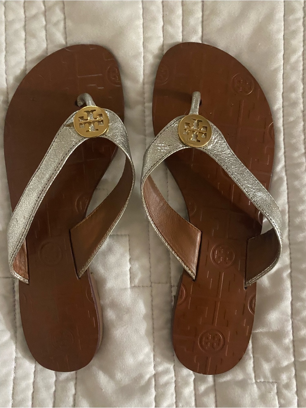 Tory Burch Silver and Brown Logo Thong Sandals